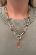 Flashy Hamsa Peach Moonstone, Morganite and Jade Necklace
