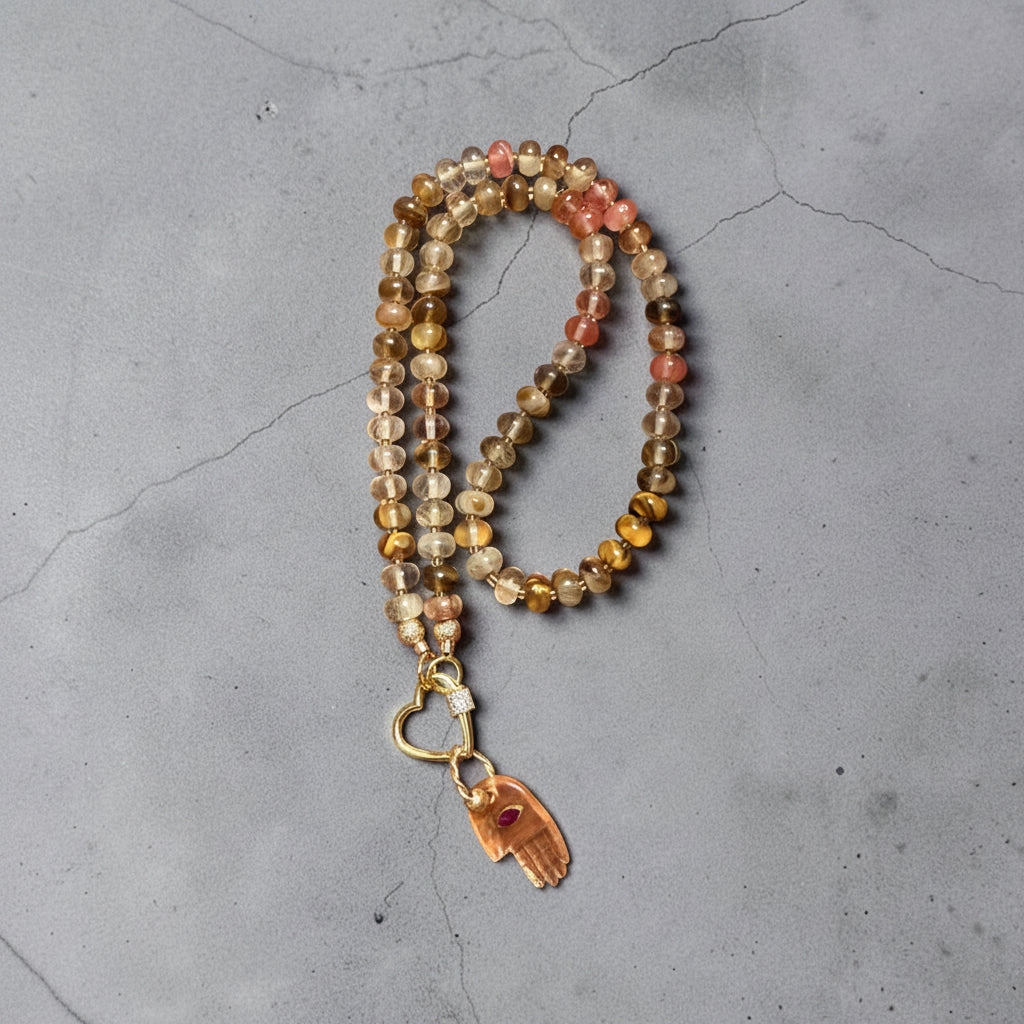 Flashy Hamsa Peach Moonstone, Morganite and Jade Necklace