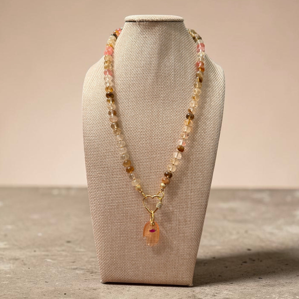 Flashy Hamsa Peach Moonstone, Morganite and Jade Necklace