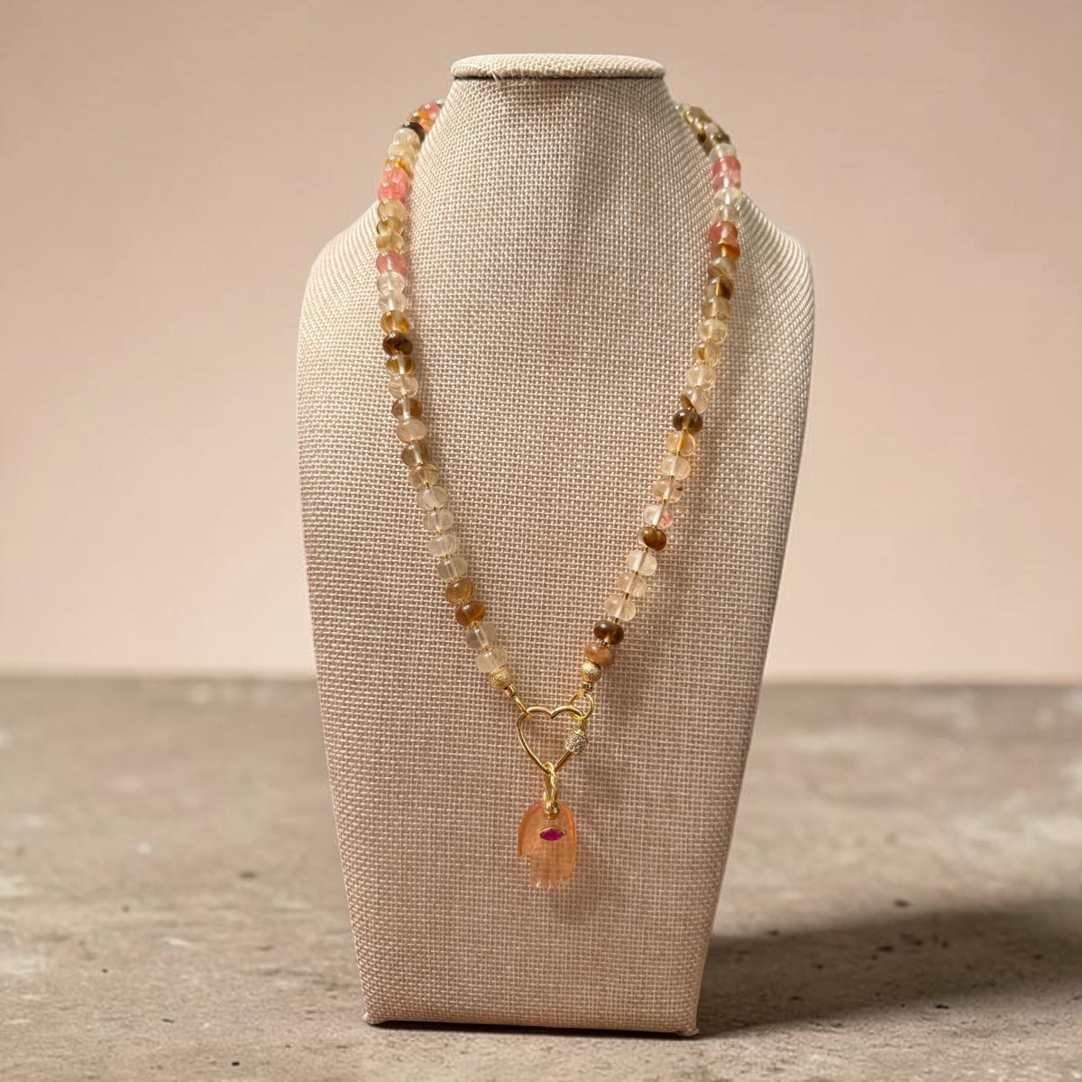 Flashy Hamsa Peach Moonstone, Morganite and Jade Necklace