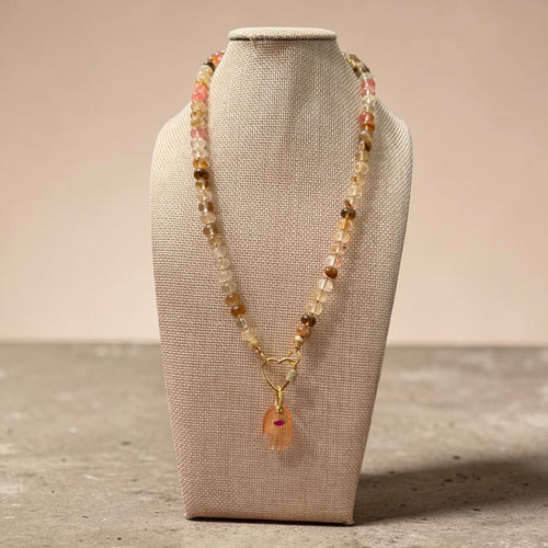 Flashy Hamsa Peach Moonstone, Morganite and Jade Necklace