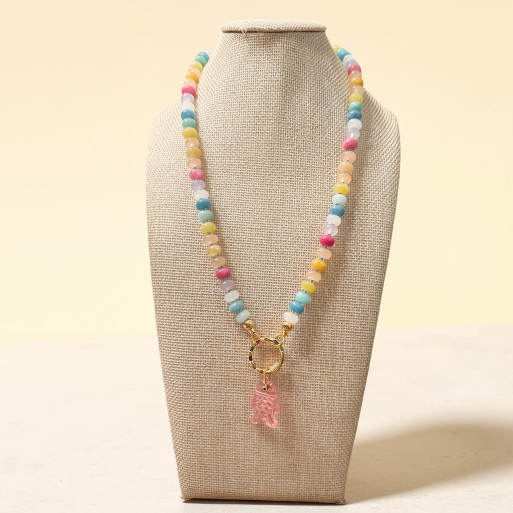 Rainbow Fish Pink Tourmaline and Jade Necklace