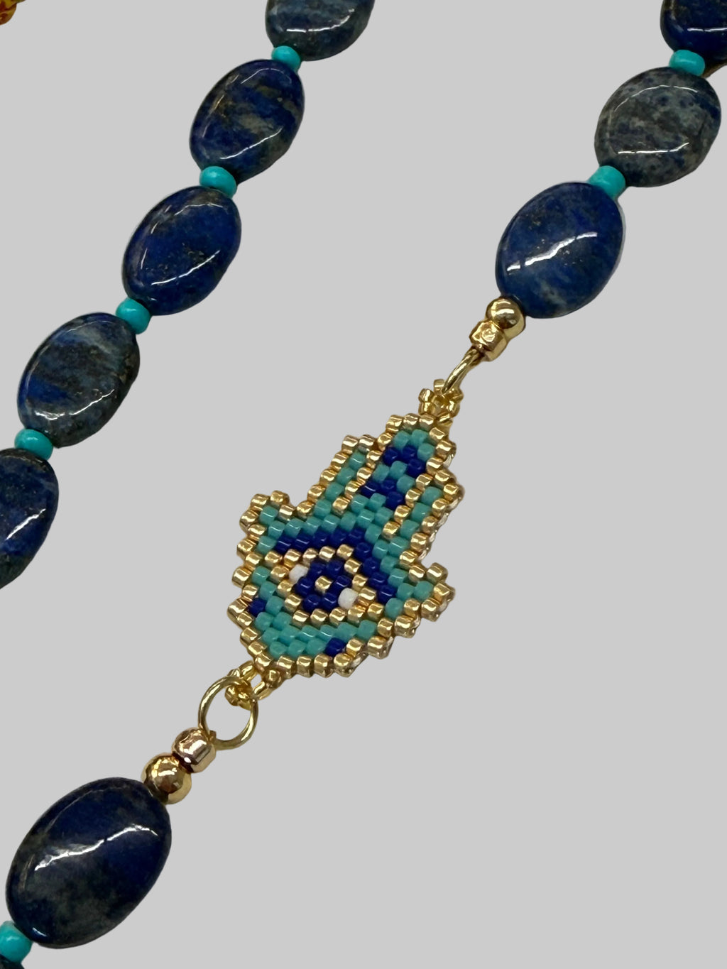 Good Vibes Lapis Lazuli and Turquoise Hamsa CZ Charm Clip Necklace