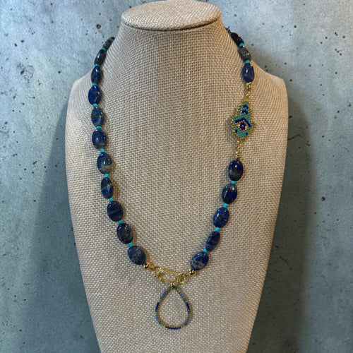 Good Vibes Lapis Lazuli and Turquoise Hamsa CZ Charm Clip Necklace