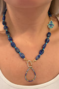 Good Vibes Lapis Lazuli and Turquoise Hamsa CZ Charm Clip Necklace